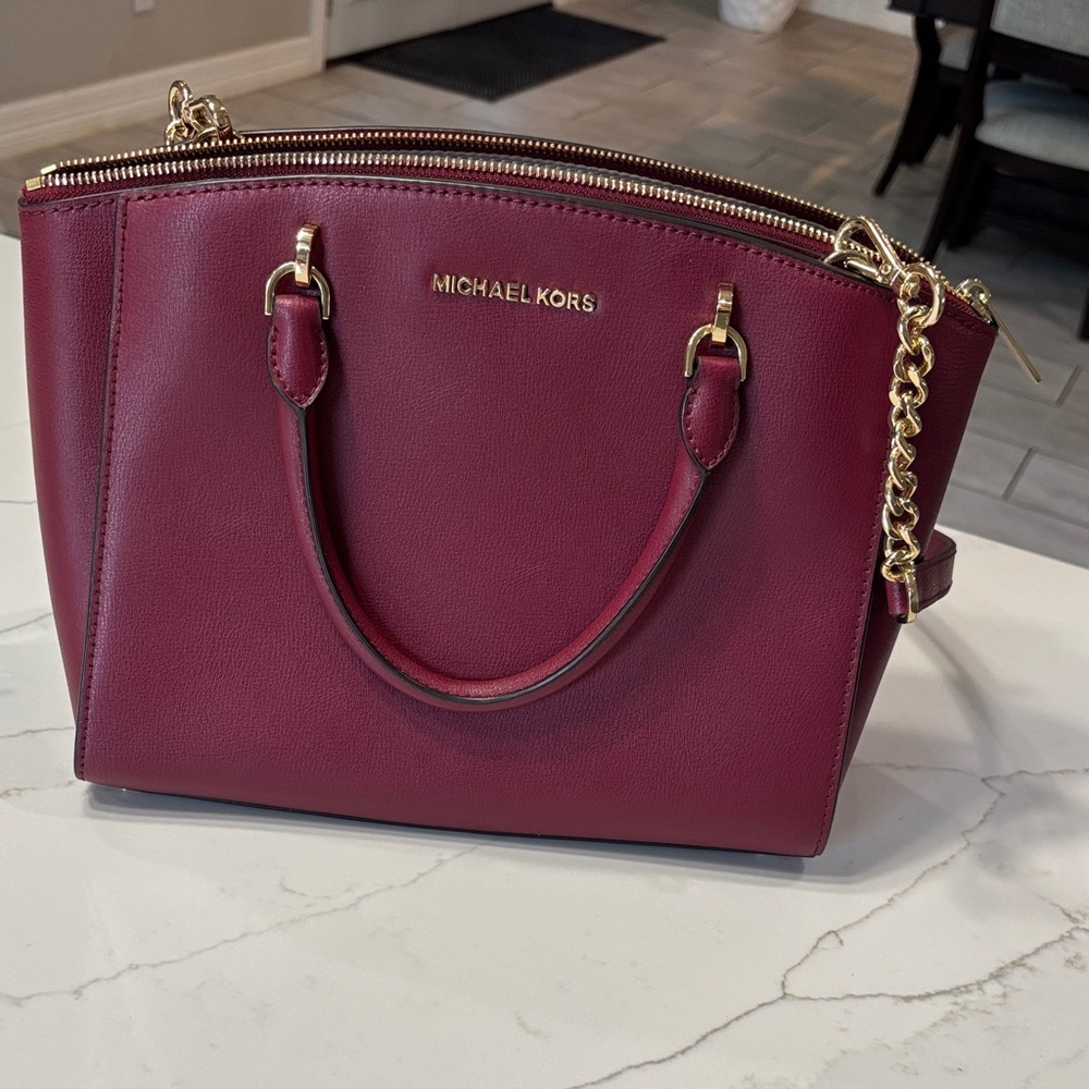 Michael Kors Wine Satchel with Gold Chain